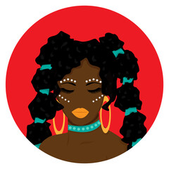 Portrait of a beautiful woman. Cartoon girl wearing blue head. Modern afro american girl with curly hair.