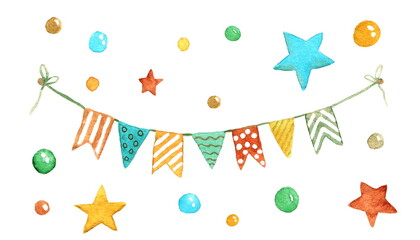 Party decoration. Watercolor illustration. Isolated on a white background. Garland with flags, colored stars and confetti. Christmas decorations.