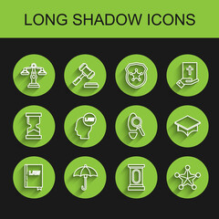 Set line Law book, Umbrella, Scales of justice, Stage stand or debate podium rostrum, Hexagram sheriff, Head with law, Graduation cap and Magnifying glass footsteps icon. Vector