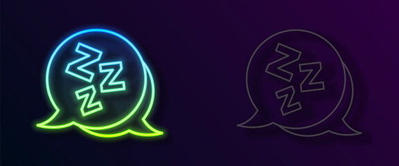 Glowing neon line Sleepy icon isolated on black background. Sleepy zzz talk bubble. Vector