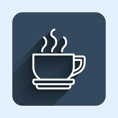 White line Coffee cup icon isolated with long shadow background. Tea cup. Hot drink coffee. Blue square button. Vector