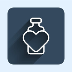 White line Bottle with love potion icon isolated with long shadow background. Valentines day symbol. Blue square button. Vector