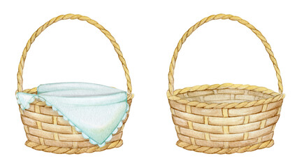 wicker baskets decorated with fabric, and without decoration. Watercolor set, objects, on an isolated background. - obrazy, fototapety, plakaty