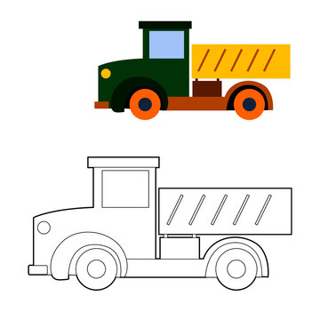coloring book, color on the model of a children's cartoon car dump truck. vector isolated on a white background.