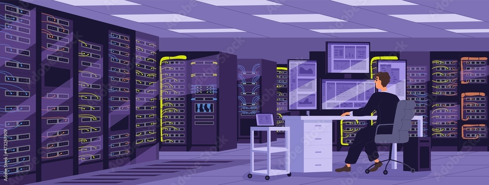 Aufkleber Sysadmin at computer in server room with storage equipment, hardware racks, network devices. Maintenance and administration of digital database security in data center. Flat vector illustration
