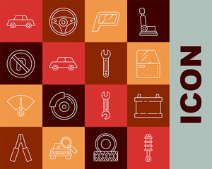 Set line Shock absorber, Car battery, door, mirror, No Parking stopping, and Wrench icon. Vector
