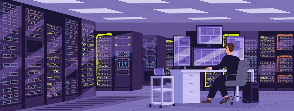 Sysadmin at computer in server room with storage equipment, hardware racks, network devices. Maintenance and administration of digital database security in data center. Flat vector illustration