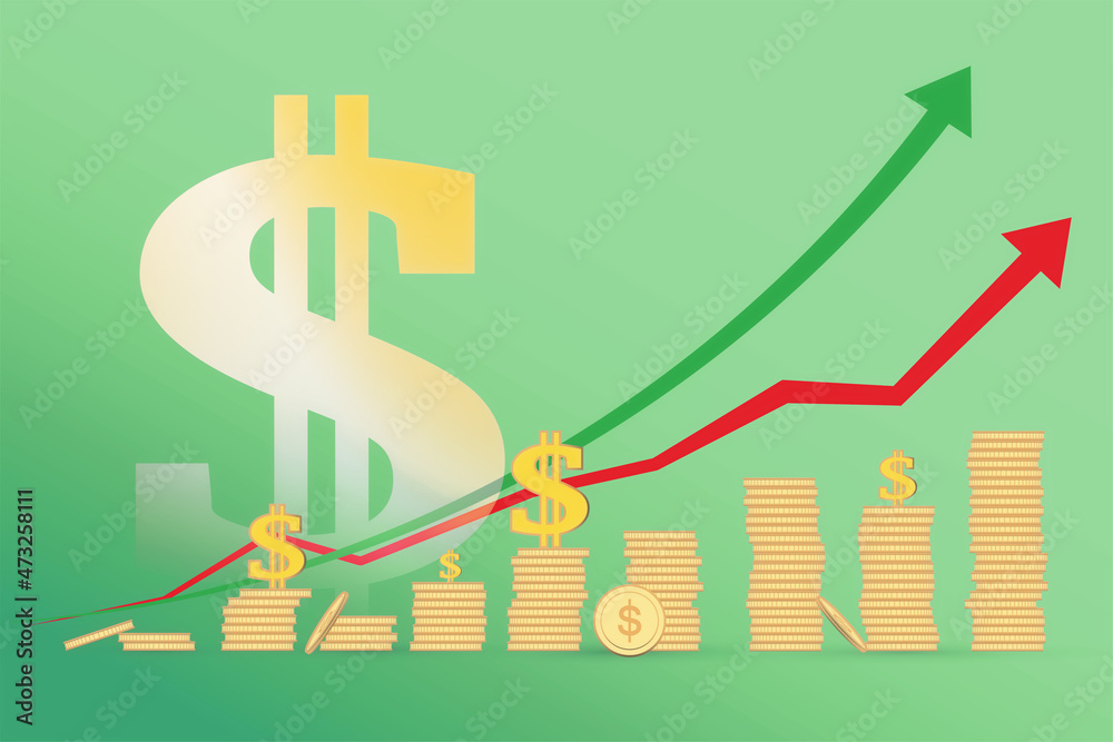 Poster abstract growing dollar coins chart stacked on green background with arrow. finance, growth and mark