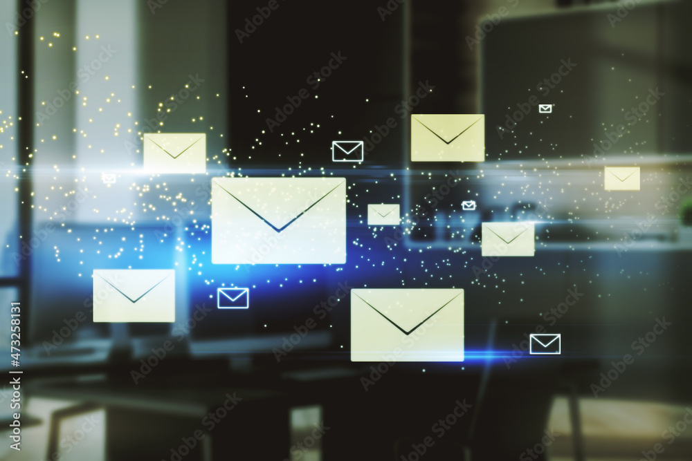 Aufkleber creative glowing letters interface on blurry office interior background. e-mail networking and corre
