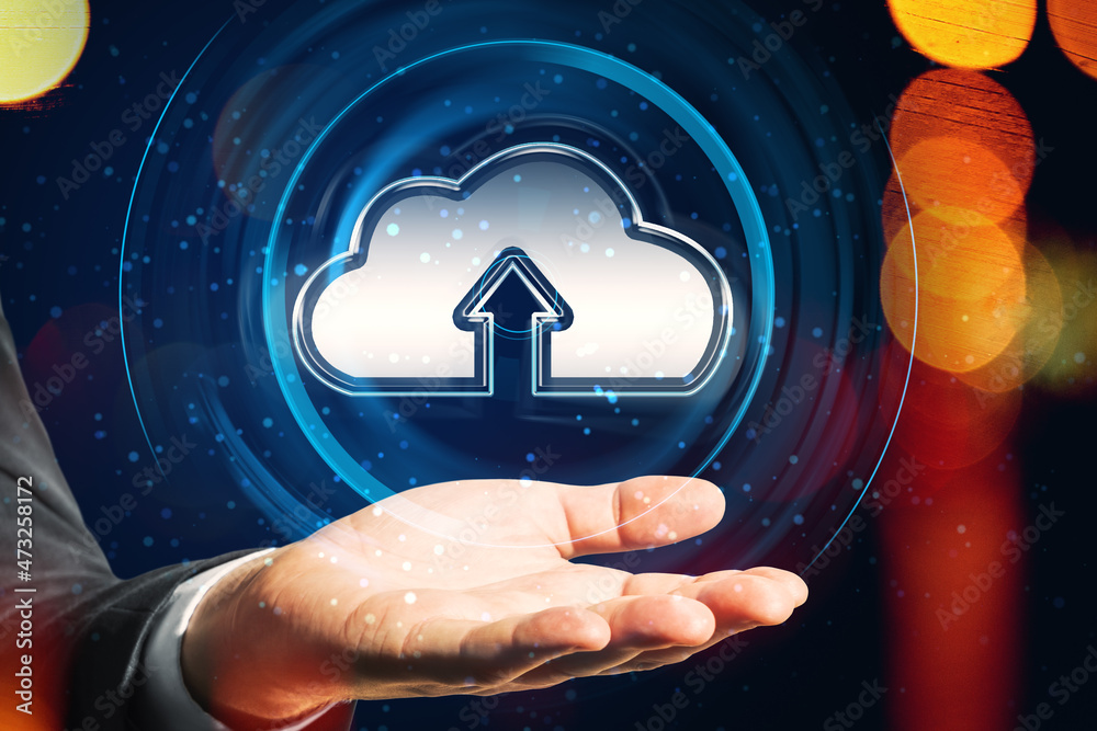 Poster close up of businessman hand holding glowing round cloud hologram on blurry bokeh background. cloud 