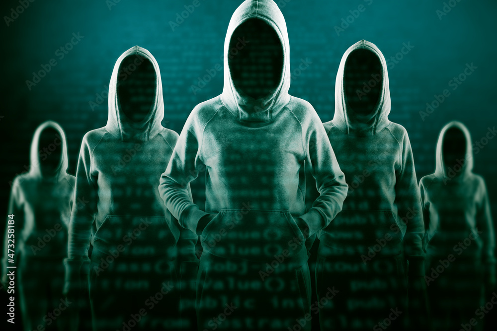 Aufkleber Creative image of a group of hackers in hoodies standing on abstract dark coding backdrop. Malware, phishing and theft concept. Double exposure.
