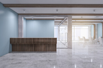 Wooden reception desk in minimalistic concrete office interior with daylight and glass wall. Lobby concept. 3D Rendering.