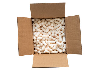 Isolated shipping brown box with packing peanuts on white background, Top view image brown cardboard box with safety foam protection item. The carton box is opened wide..