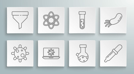 Set line Bacteria, Atom, on laptop, Test tube and flask chemical, Pipette, and Funnel or filter icon. Vector