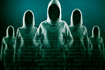 Creative image of a group of hackers in hoodies standing on abstract dark coding backdrop. Malware,...