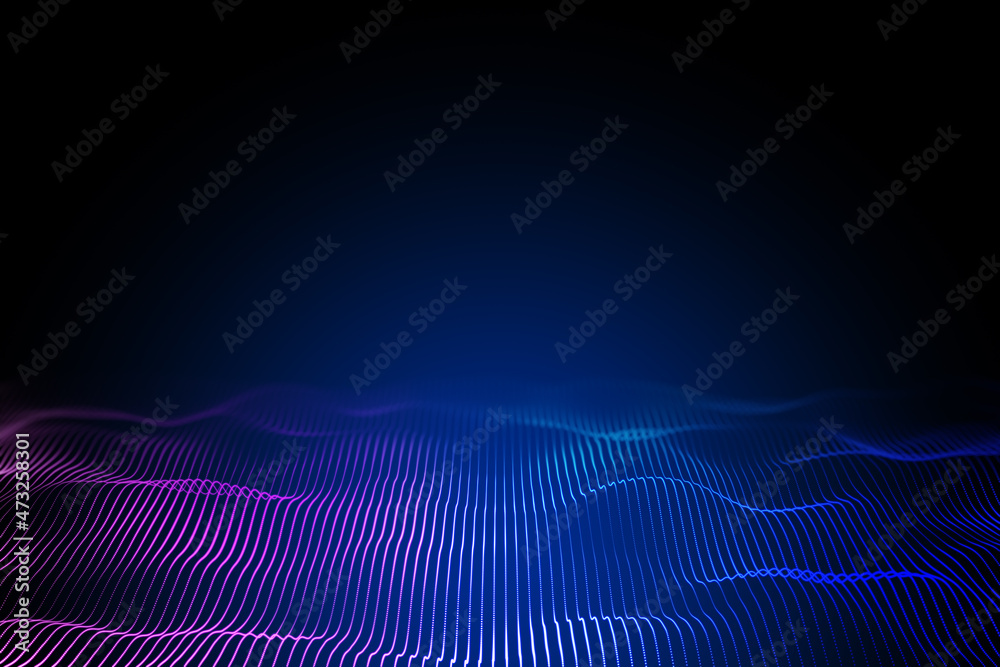 Poster Bright digital polygonal wave on dark background with mock up place. Technology and design concept. 3D Rendering.