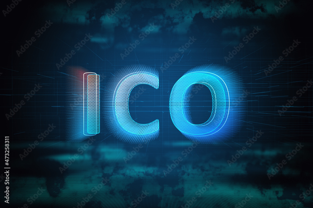 Poster creative glowing ico hologram on blue background. initial coin offering concept. 3d rendering.