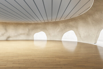Abstract wooden cave interior with reflections. Museum and exhibition concept. 3D Rendering.