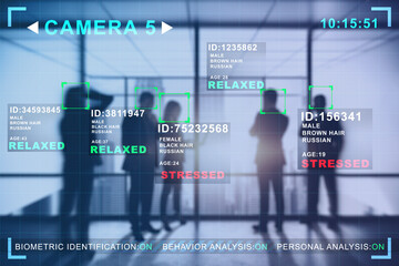 Abstract image of business people in blurry office interior with camera cctv facial recognition interface. Biometric scanning and security concept. Double exposure.