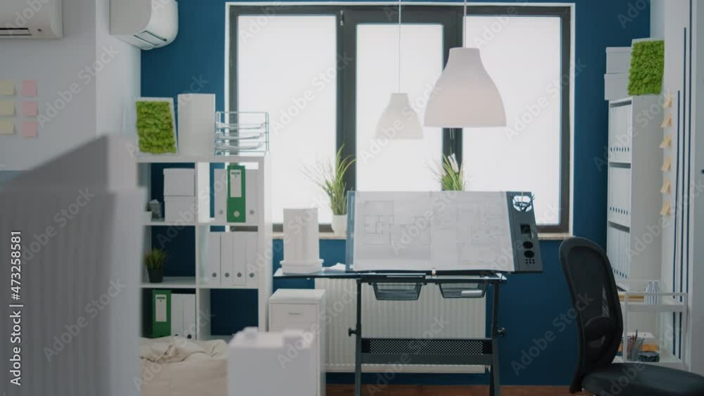 Poster nobody in office with blueprints plans to design building model for architecture project. empty spac