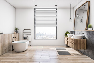 Modern concrete and wooden luxury bathroom interior with bright window and city view, various objects. Hotel and luxury home concept. 3D Rendering.