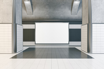 Modern underground interior with empty white mock up billboard commercial poster and tile walls. Subway, metro and urban under ground crossing. 3D Rendering.
