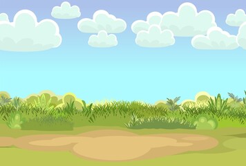 Obraz premium Sandy Glade. Summer meadow. Blue sky. Green succulent grass close up. Grassland. Place on the field. Place for a tent. Cartoon style. Flat design. Illustration vector art
