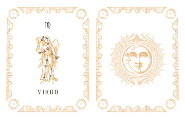Virgo zodiac symbol and constellation, old card.
