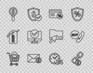 Set line Remove shopping cart, Chain link and coin, Discount card with percent, Envelope dollar, Magnifying glass, Computer monitor, Clock 24 hours and Phone speech bubble Buy icon. Vector