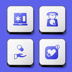 Set Clinical record on laptop, Emergency call 911, Medical prescription and Mobile with heart rate icon. White square button. Vector