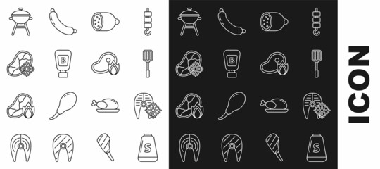 Set line Salt, Fresh frozen fish steak, Spatula, Salami sausage, Sauce bottle, meat, Barbecue grill and Grilled and fire flame icon. Vector
