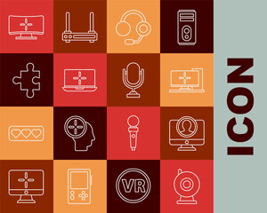 Set line Web camera, Create account screen, Computer monitor, Headphones, Laptop, Piece of puzzle, and Microphone icon. Vector