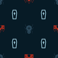 Set Castle, Spider and Coffin with christian cross on seamless pattern. Vector