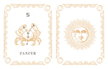 Cancer zodiac symbol and constellation, old card.