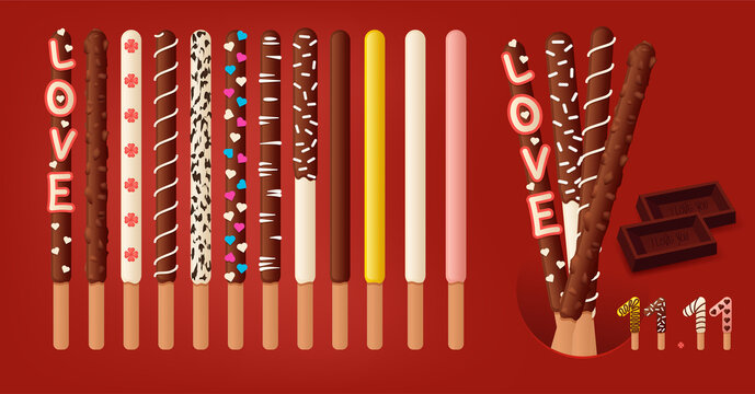 Set of chocolate dipped cookie sticks with various flavors of Pepero. Korean event Pepero Day November 11th.