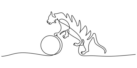 Continuous one single line of big tiger playing ball for circus attraction isolated on white background