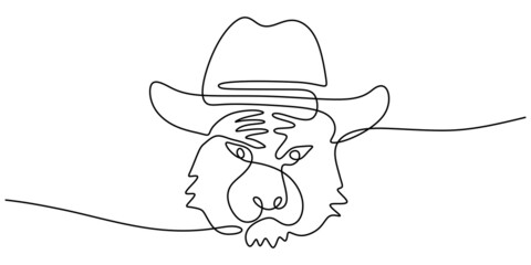 Continuous one single line of tiger head using cowboy hat isolated on white background.