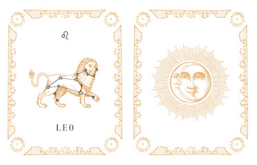 Leo zodiac symbol and constellation, vintage card.