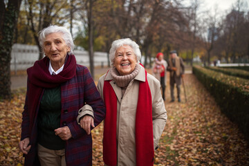 Happy senior women friends on walk outdoors in town park in autumn, looking at camera.