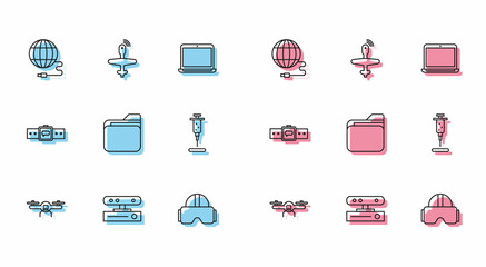 Set line Drone flying, Motion sensor, Social network, Virtual reality glasses, Document folder, Syringe, Smartwatch and UAV icon. Vector