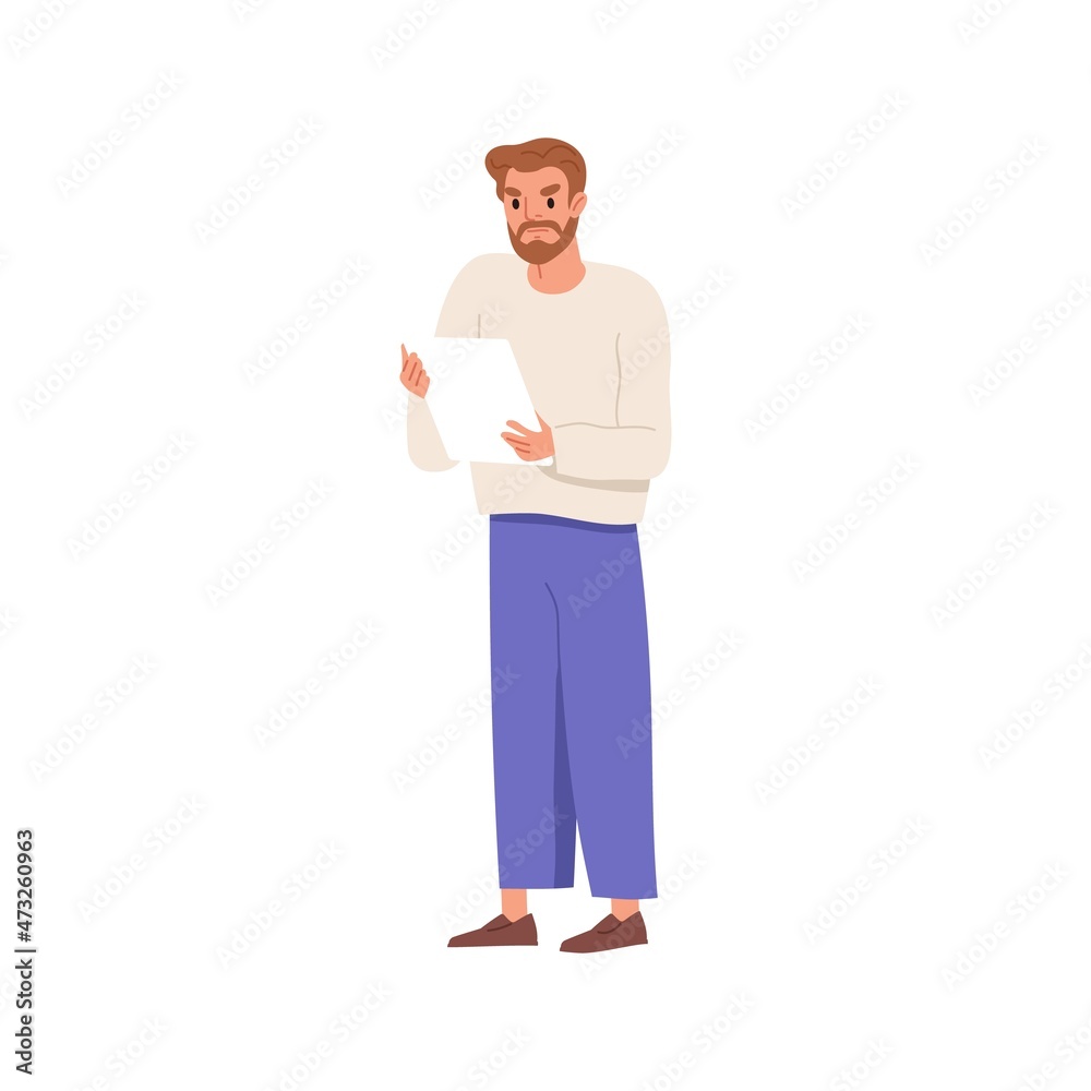 Leinwandbilder unhappy man hold document. discontent evil person with sheet of business paper in hands. dissatisfie