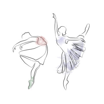 sketch of a woman in a dress ballet dancer line art continuous art watercolor icon girl 