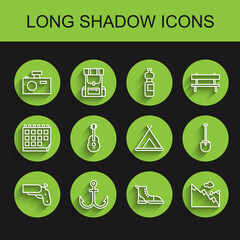 Set line Flare gun pistol, Anchor, Photo camera, Hiking boot, Mountains, Guitar, Shovel and Tourist tent icon. Vector