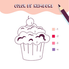 Coloring page with cute 
cupcake. Color by numbers. Educational kid game, drawing children's activity, printable worksheet.