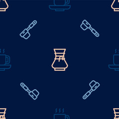 Set line Coffee cup, filter holder and Pour over coffee maker on seamless pattern. Vector