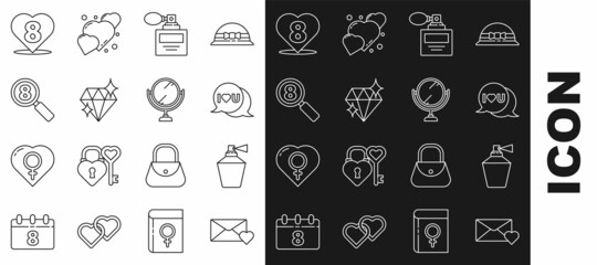 Set line Envelope with 8 March, Perfume, Speech bubble I love you, Diamond, Search, Heart and Round makeup mirror icon. Vector