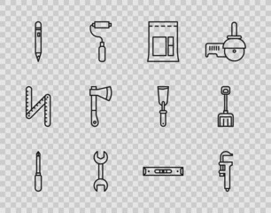 Set line Screwdriver, Calliper or caliper and scale, Cement bag, Wrench spanner, Pencil with eraser, Wooden axe, Construction bubble level and Snow shovel icon. Vector