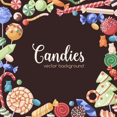 Candies frame. Background design with sugar sweets pattern with lollipops, jellies, caramels and bonbons. Christmas card template with confectionery decoration. Colored flat vector illustration