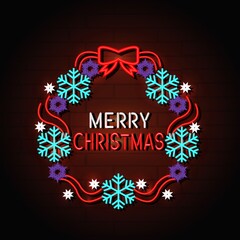  Merry Christmas neon banner with vintage Xmas lettering on wall background.