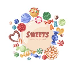 Candies circle background with lollipops, pinwheels and sweeties around. Round frame label design with yummy sugar sweets for confectionery shop. Colored flat vector illustration isolated on white